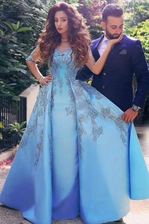 Wardrobe Update A line Blue Half Sleeve Satin Beads Prom Dresses Sweetheart Lace Appliques Formal Dress