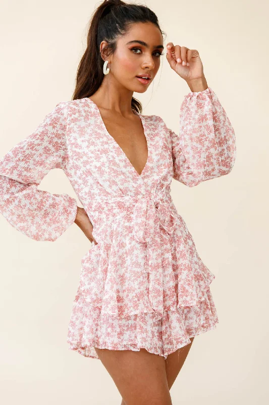 Contemporary Chic Maddox Fit & Flare Long Sleeve Romper Dainty Floral Print Pink