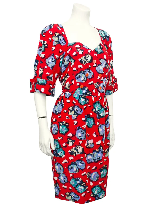 Elegant Contour Red Silk Floral Dress