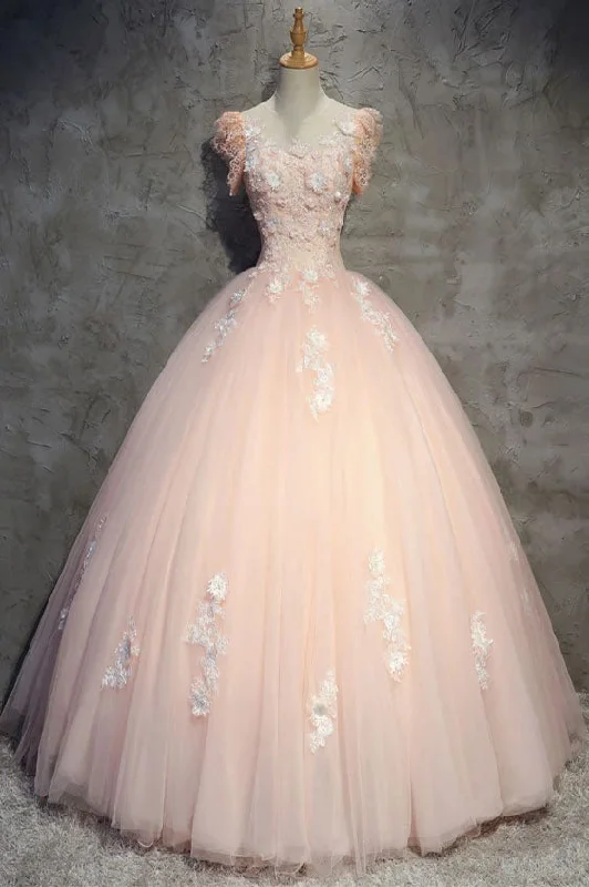 Fashion Deal Light Peach Tulle Long Prom Dresses with Flowers Princess Ball Gown Sheer Neck Party Dresses N2202