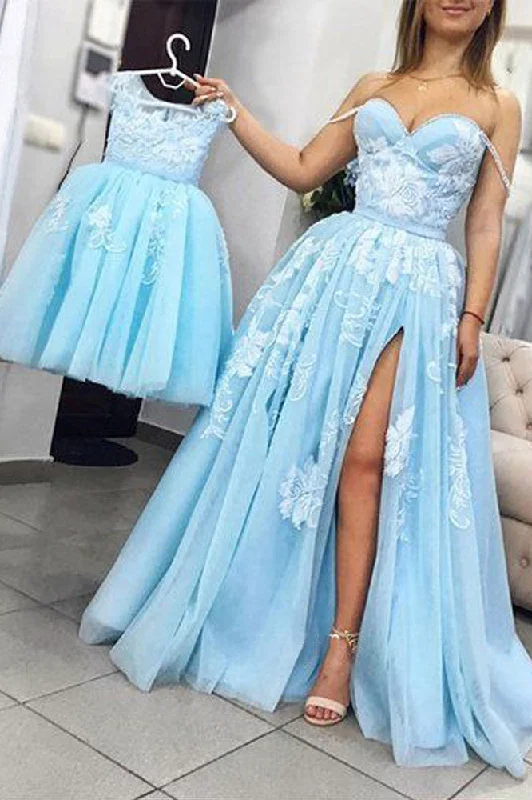 Wardrobe Upgrade Unique Light Sky Blue Tulle Prom Dresses with Slit A Line Sweetheart Long Prom Gown N1653