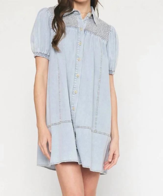 Save On Classic Elegant Styles Collared Button Up Mini Dress In Denim