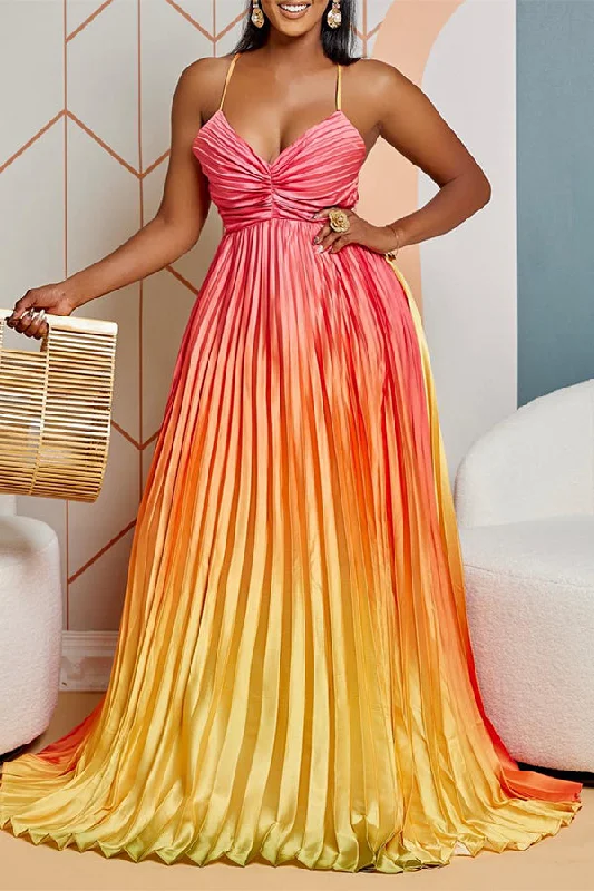 Casual Fashion Gradient Striking Strappy Back Pleated Maxi Dress