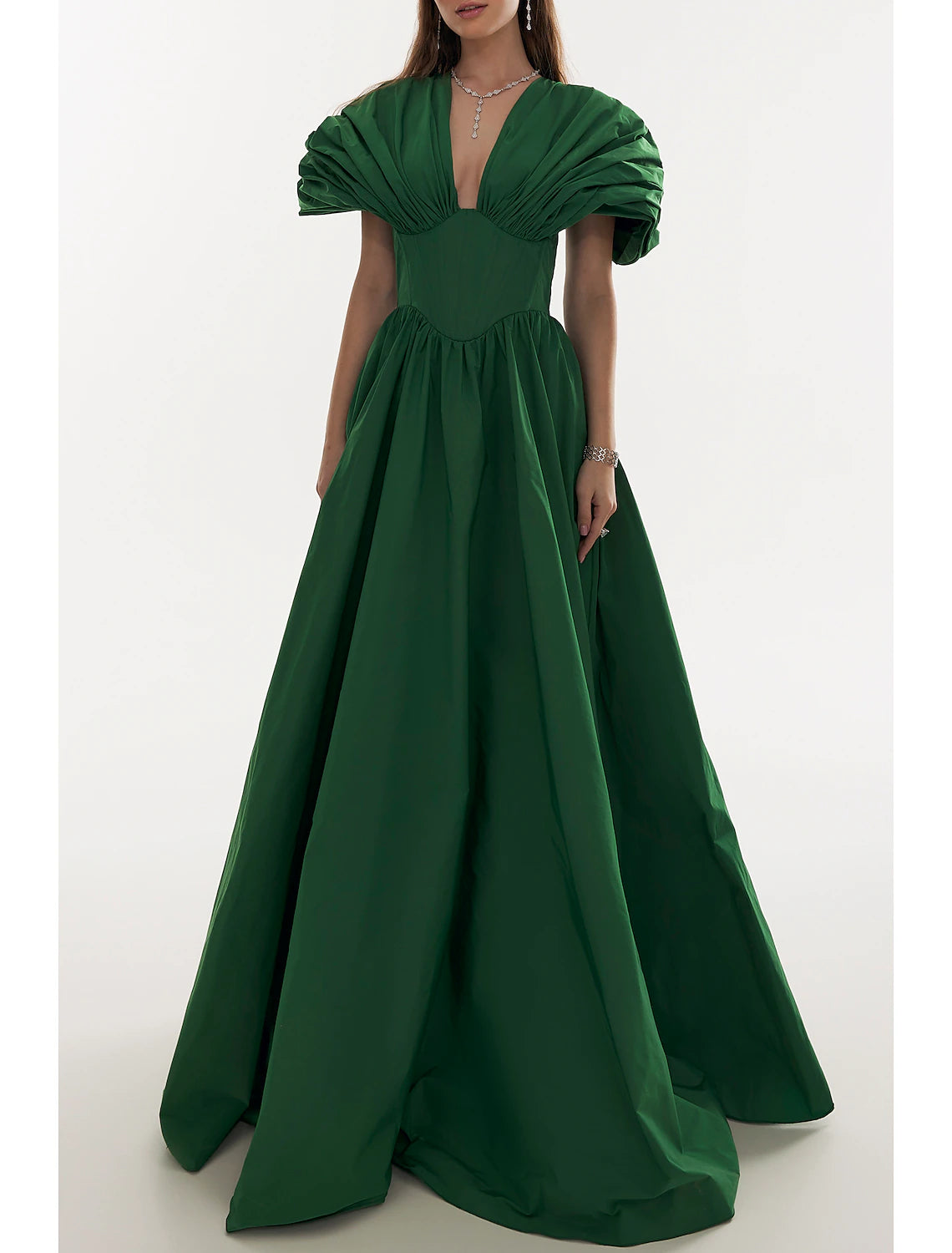 Pastel Styles A-Line Evening Gown Elegant Red Green Dress Formal Black Dress Plus Size Fall Floor Length Short Sleeve V Neck Satin with Pleats