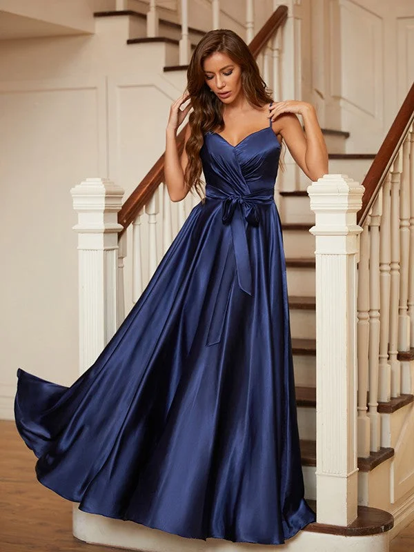 Style Upgrade A-Line/Princess Silk like Satin Ruffles V-neck Sleeveless Floor-Length Dresses