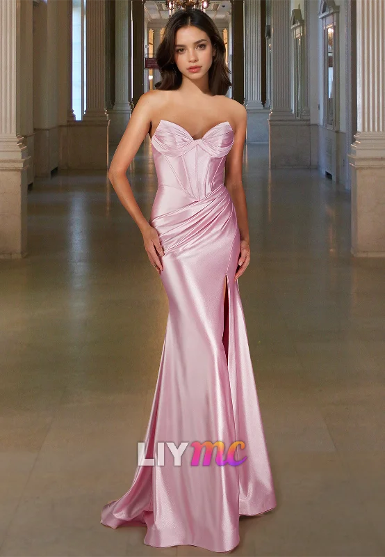 Classic Charm Sweetheart Sleeveless Pleated Sleek Side Slit Sheath Prom Dress