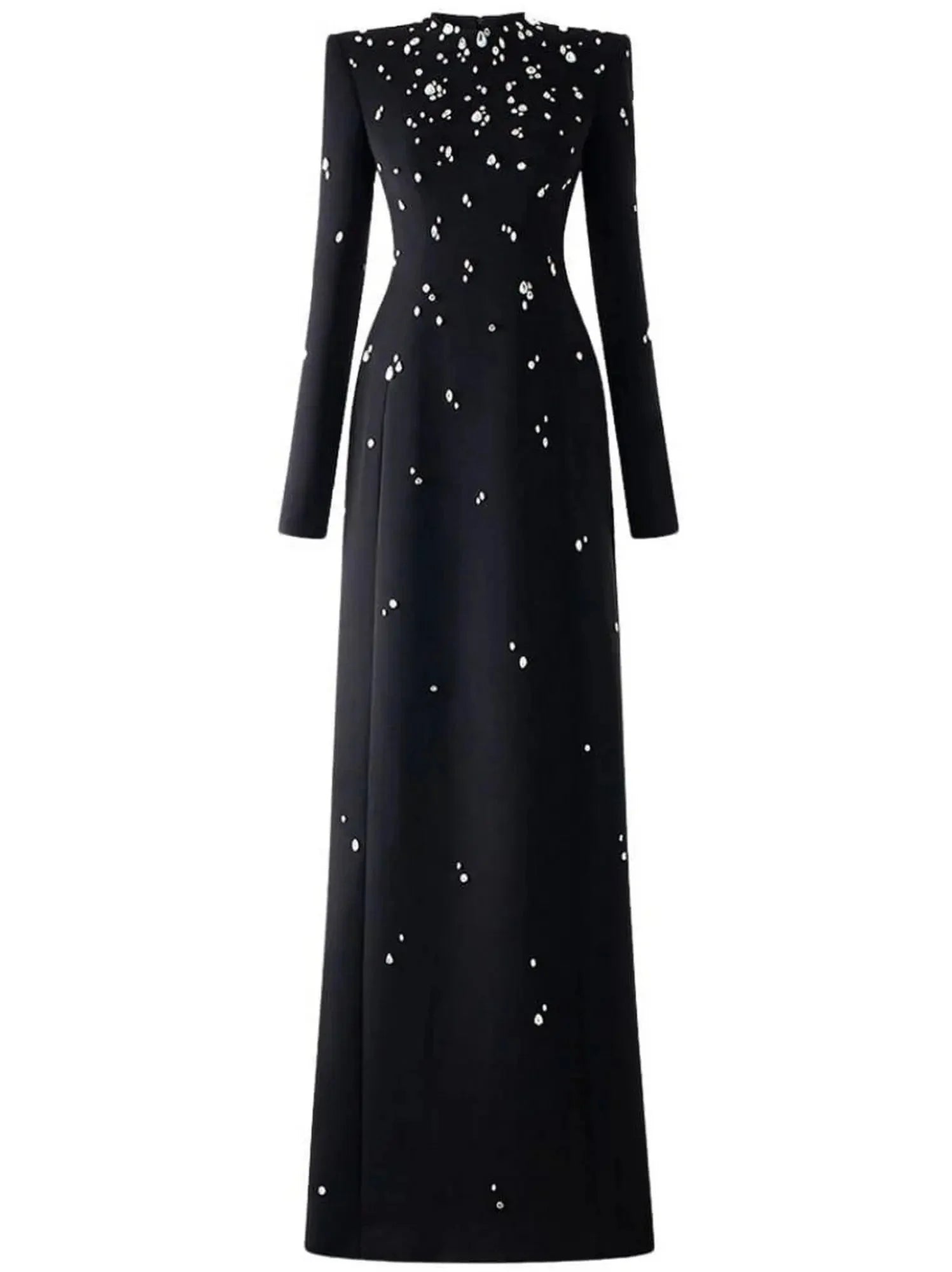 Chic Wardrobe Essentials Rhinestone-Embellished Long-Sleeve Black Maxi Dress