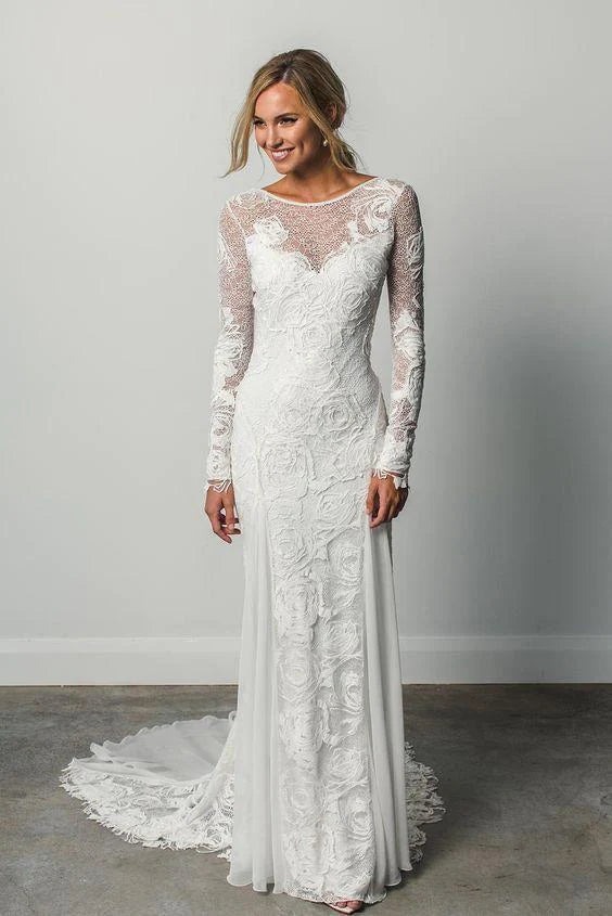 Classic Timeless Elegant Style Sheath A Line Long Sleeves Ivory Rustic Lace Backless Scoop Neck Beach Wedding Dresses