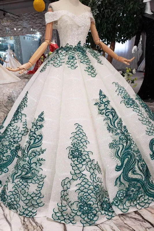 Latest Fashion New Arrival Ball Gown Off the Shoulder Prom Dresses with Green Appliques Quinceanera Dresses N1649