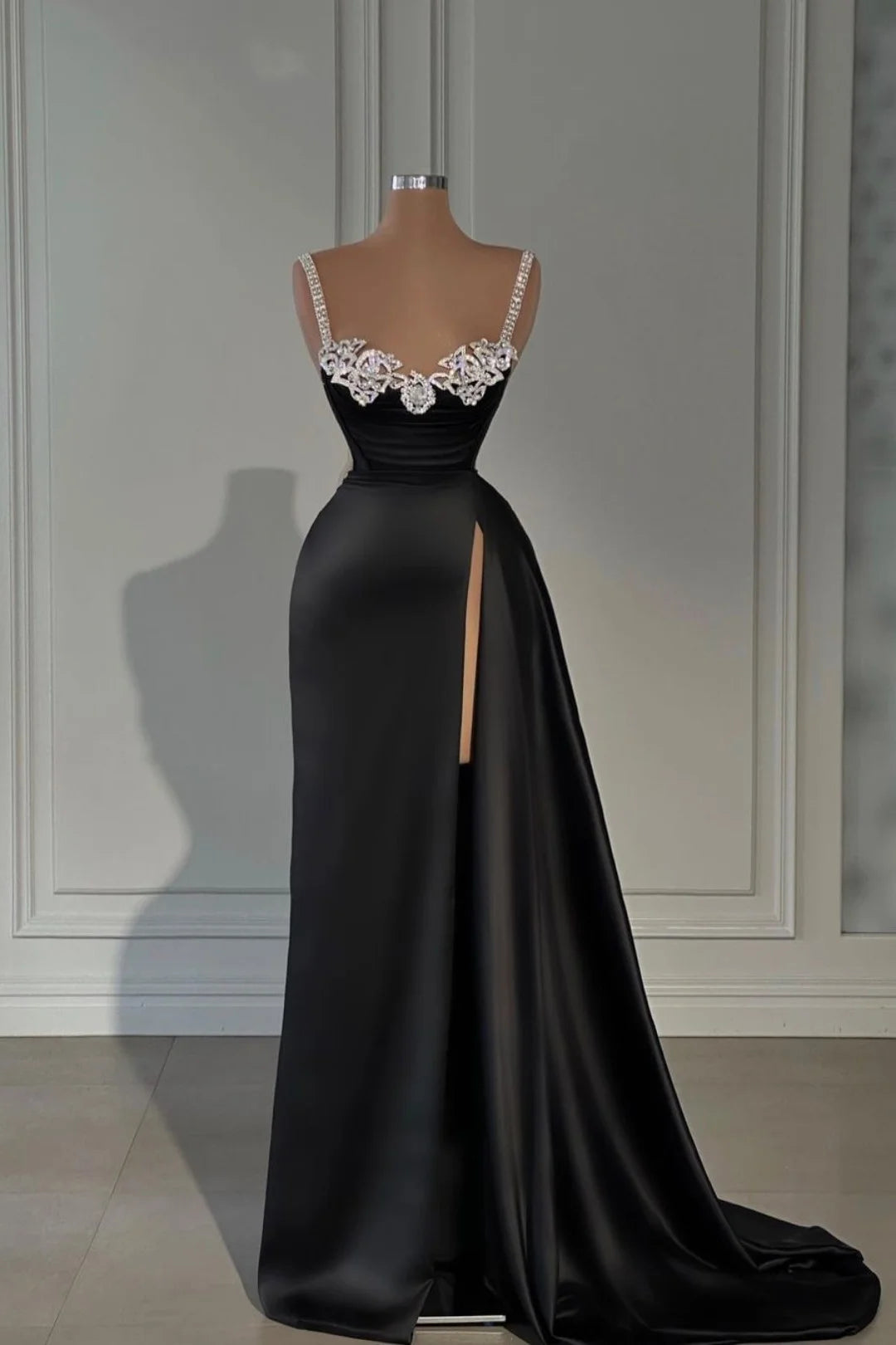 Art Deco Geometric Pattern Look Black Evening Dress Satin Spaghetti Strap With Split Beadings         S3158