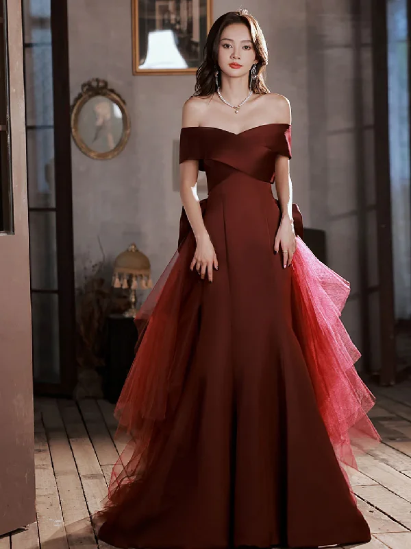 Embrace New Fashion Burgundy Mermaid Sweep Train Long Prom Dress, Off Shoulder Satin Burgundy Evening Dress     S1947