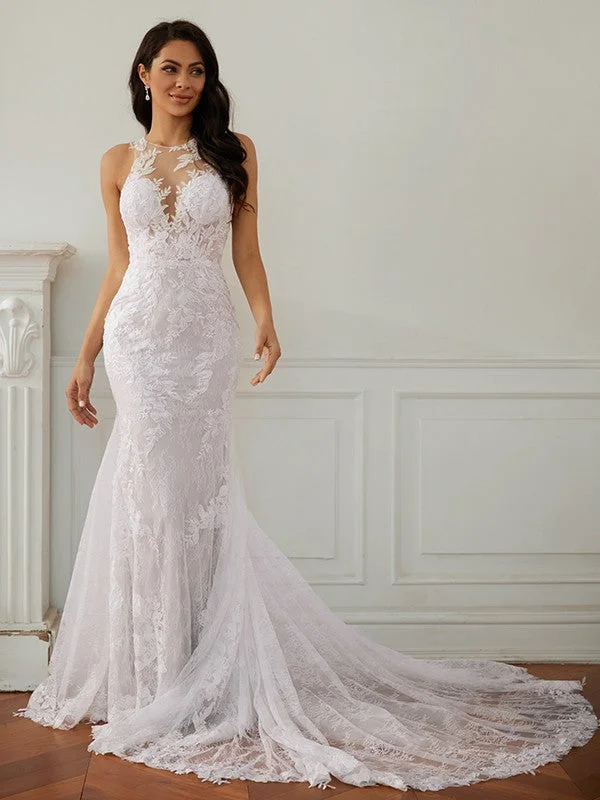 Sophisticated Cut Column Lace Scoop Sleeveless Court Train Wedding Dresses