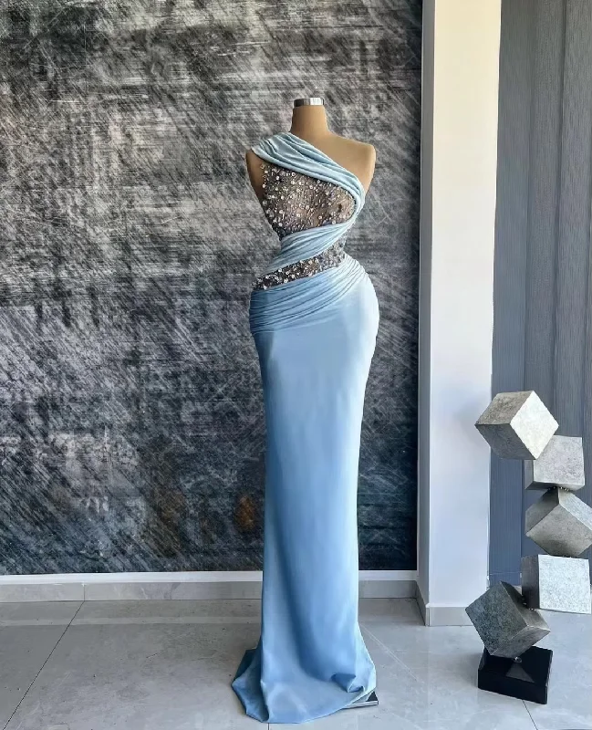 Limited Time Offers New Baby Blue Satin Halter Neck Mermaid Prom Dresses Floor-Length Sleeveless Golden Appliques Formal Evening Gown Custom