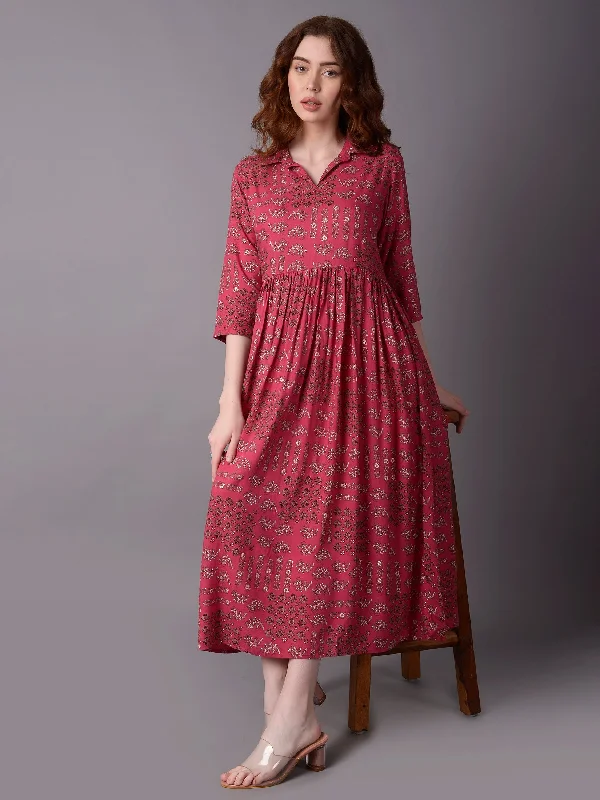 Elegant Attire Women Pink Floral 3/4 Sleeve Dress