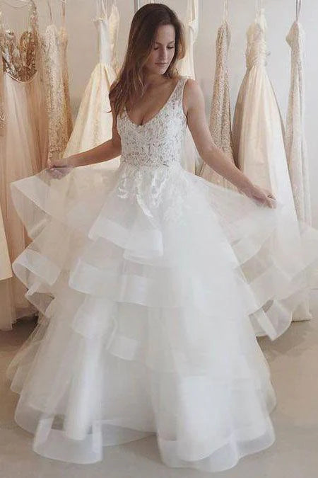 Chic Style New Arrival Sexy A-Line V-Neck Sleeveless Backless White Tulle Occasion Wedding Dress