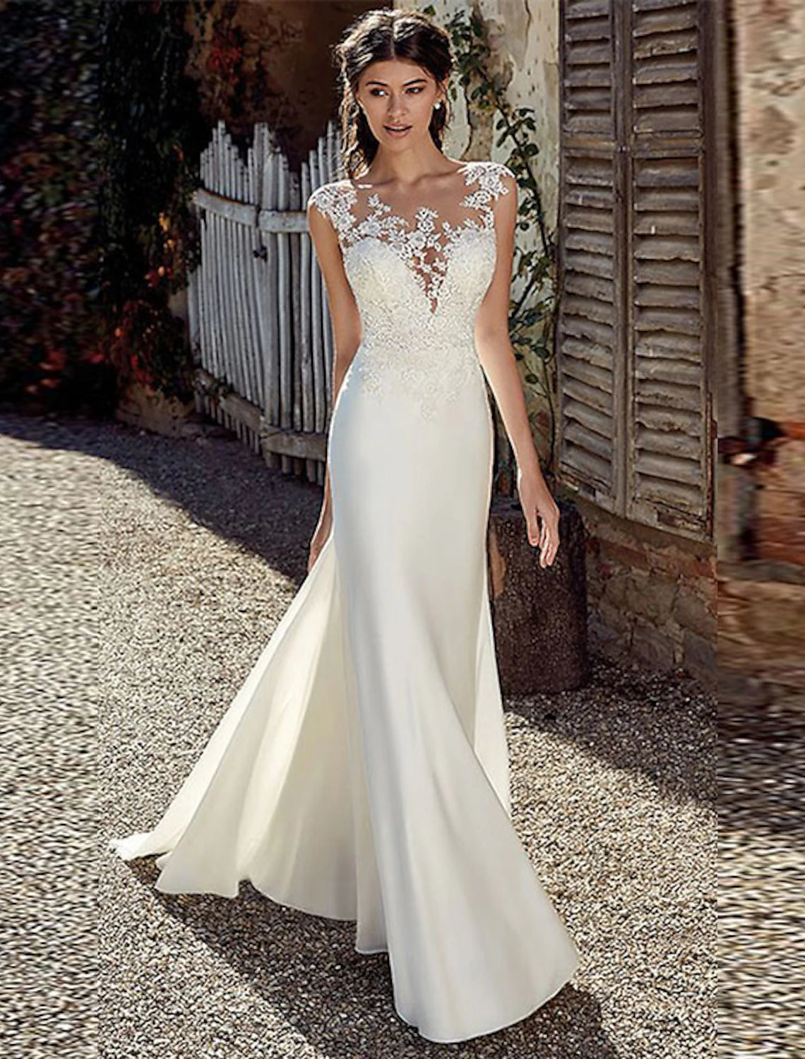 Modern Romance Beach Open Back Wedding Dresses Mermaid / Trumpet Illusion Neck Cap Sleeve Court Train Chiffon Outdoor Bridal Gowns With Appliques Summer Fall Wedding Party  Women‘s Clothing