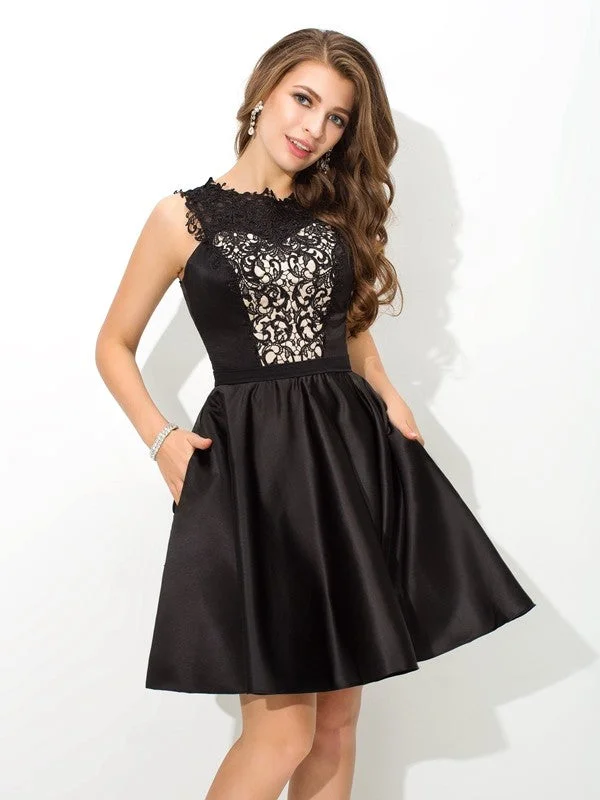 Bid Farewell To The Old Season A-Line/Princess Scoop Lace Sleeveless Short Satin Cocktail Dresses