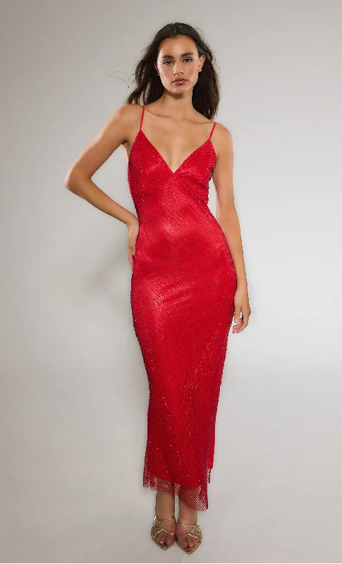 Boutique Styles Red Diamante Mesh Maxi Dress