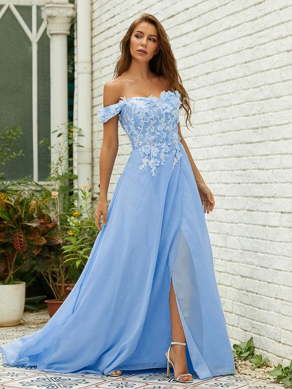 Hot Trends A-Line/Princess Chiffon Applique Off-the-Shoulder Sleeveless Sweep/Brush Train Dresses