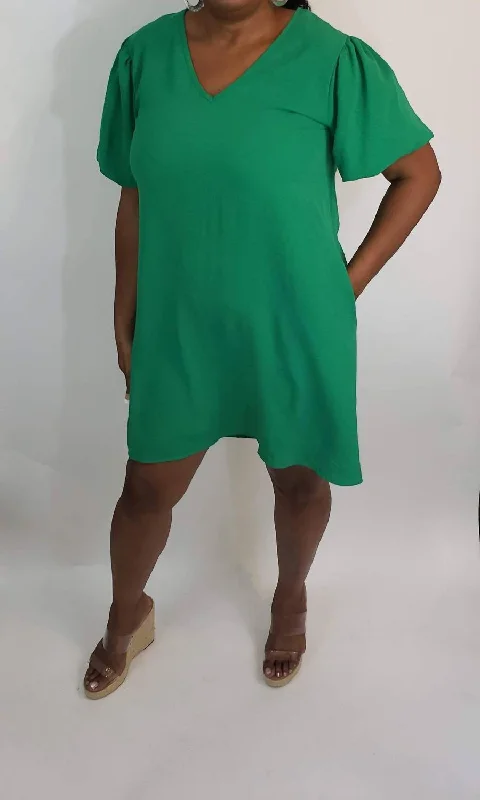 Innovate Your Wardrobe V-Neck Puff Sleeve Mini Dress In Kelly Green