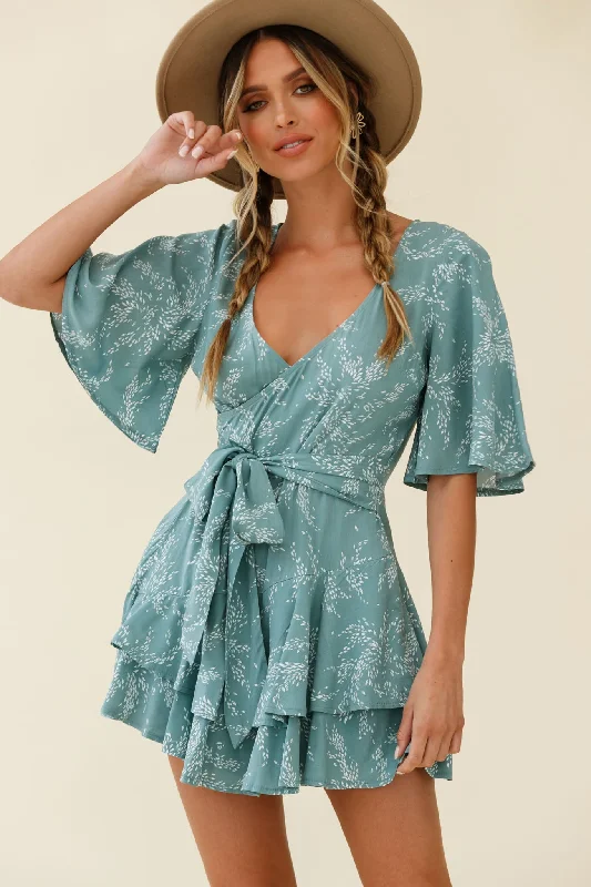 Minimalist Chic Davina Angel Sleeve Cut-Out Back Romper Leaf Print Sage