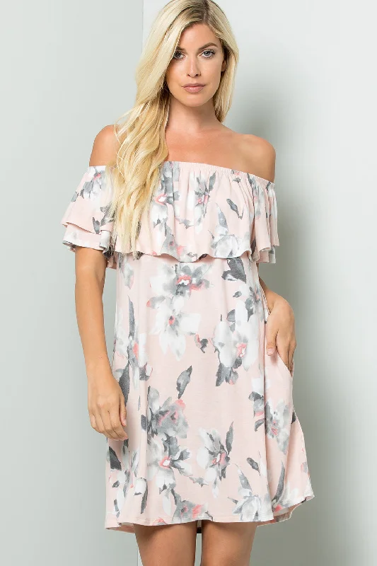 Early Access To Art Deco Styles Sale Floral Ruffled Off Shoulder Jersey Dress - Blush