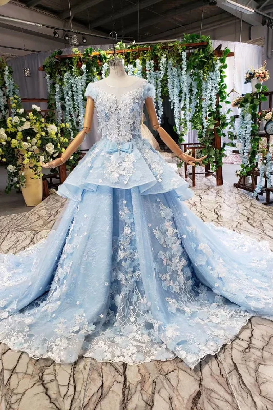 Special Occasion Wear Light Sky Blue Gorgeous Prom Dresses with Flowers Ball Gown Quinceanera Dresses with Beads N2197