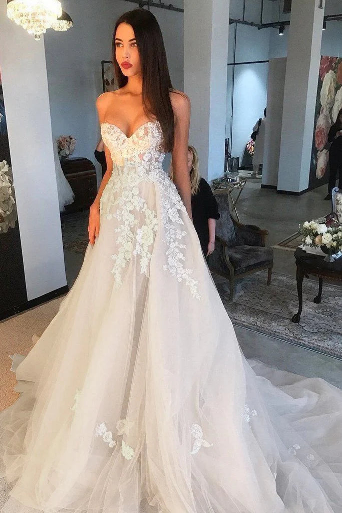 Fashion Forward Princess A Line Sweetheart Tulle Lace Applique Ivory Wedding Dress Long Bridal Dresses