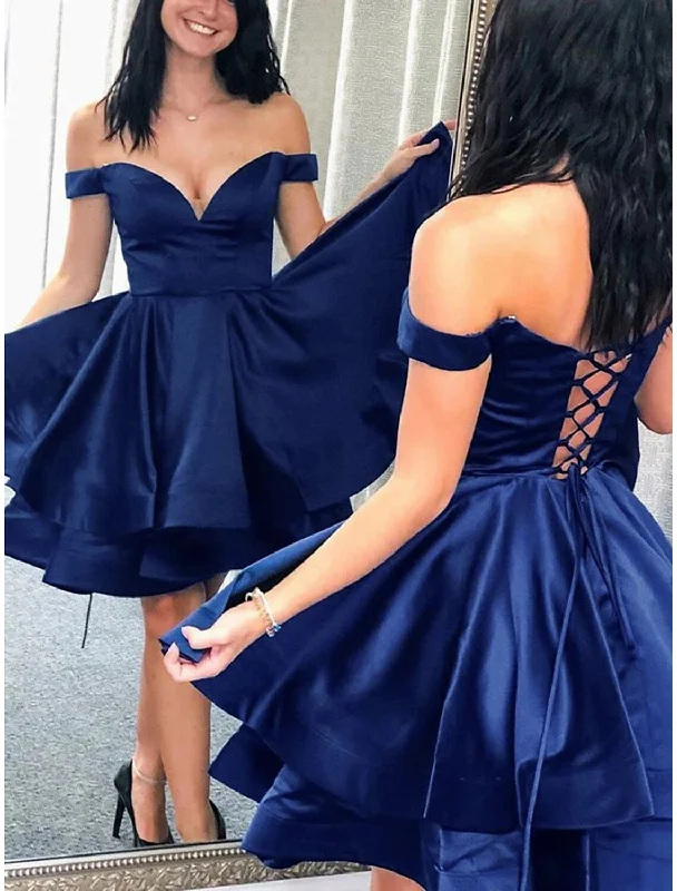 Trendy Threads A-Line Homecoming Dresses Backless Dress Graduation Sweet 16 Short / Mini Sleeveless Off Shoulder Satin with Pleats