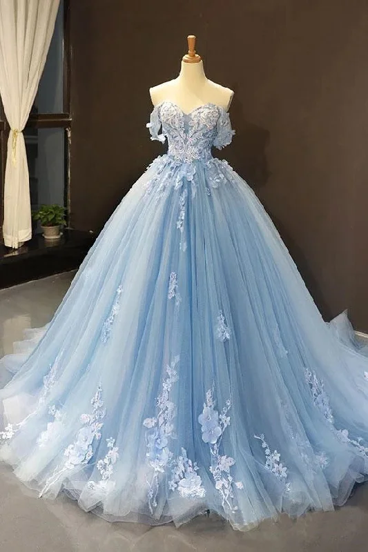 Clearance Event Light Sky Blue Off the Shoulder Ball Gown Tulle Prom Dresses with Applique N2106