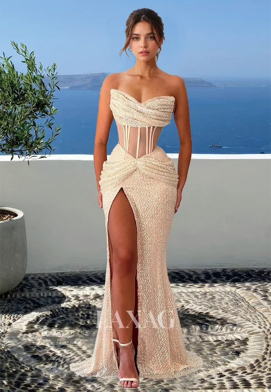 Quick Grab Deals Off-Shoulder Sweetheart Sleeveless Mermaid Prom Dress Glitter-Knit Pleated Party Gowns with High Slit