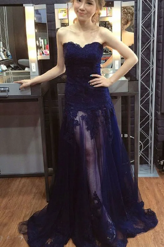 Limited-Time Offer Sexy Sweetheart Tulle Prom Dress with Lace Appliques See Through Long Prom Gown N1738