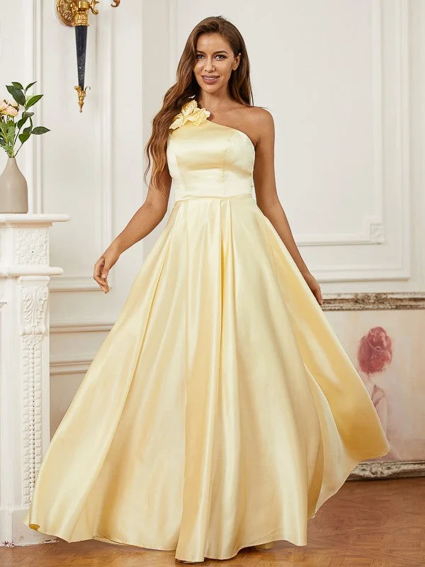 Big Savings On Minimalist Office Styles A-Line/Princess Satin Hand-Made Flower One-Shoulder Sleeveless Floor-Length Dresses