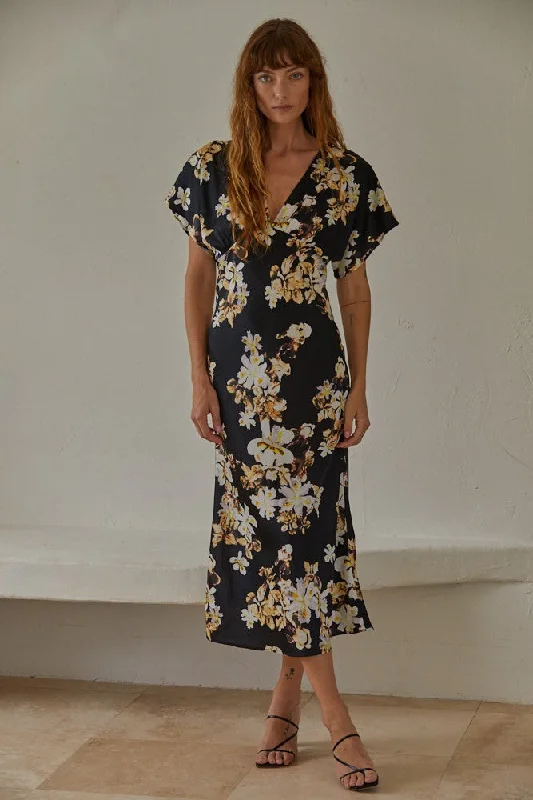 Everyday Glamour Terra Black Floral Midi Dress