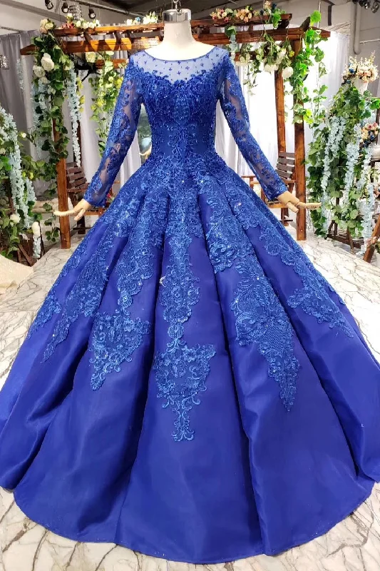 Budget-Friendly Fashion Puffy Royal Blue Long Sleeves Quince Ball Gown Prom Dresses