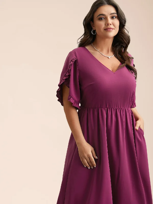 Exclusive Discount Petal Sleeve Ruffled Waist-Cinched Midi Dress