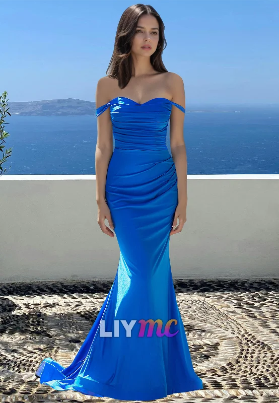 Hollywood Glam Award - Show Style Off-Shoulder Sleeveless Pleated Mermaid Fitted Prom Dress