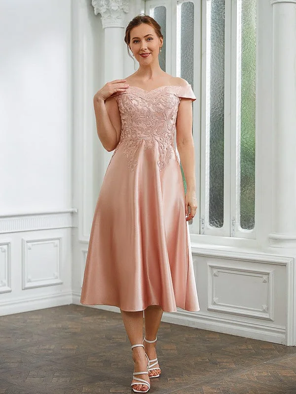 Trendy Clothing Sale A-Line/Princess Satin Applique Off-the-Shoulder Sleeveless Tea-Length Mother of the Bride Dresses