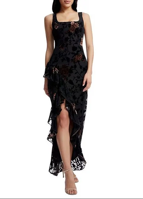 Fashion Forward Charlene Mixed Velvet Square Neck Ruffle Gown