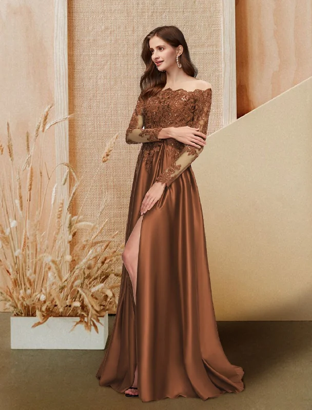 You'Ll Love Us Because A-Line Evening Gown Glittering Dress Engagement Floor Length Long Sleeve Off Shoulder Satin with Sequin Slit Lace Insert