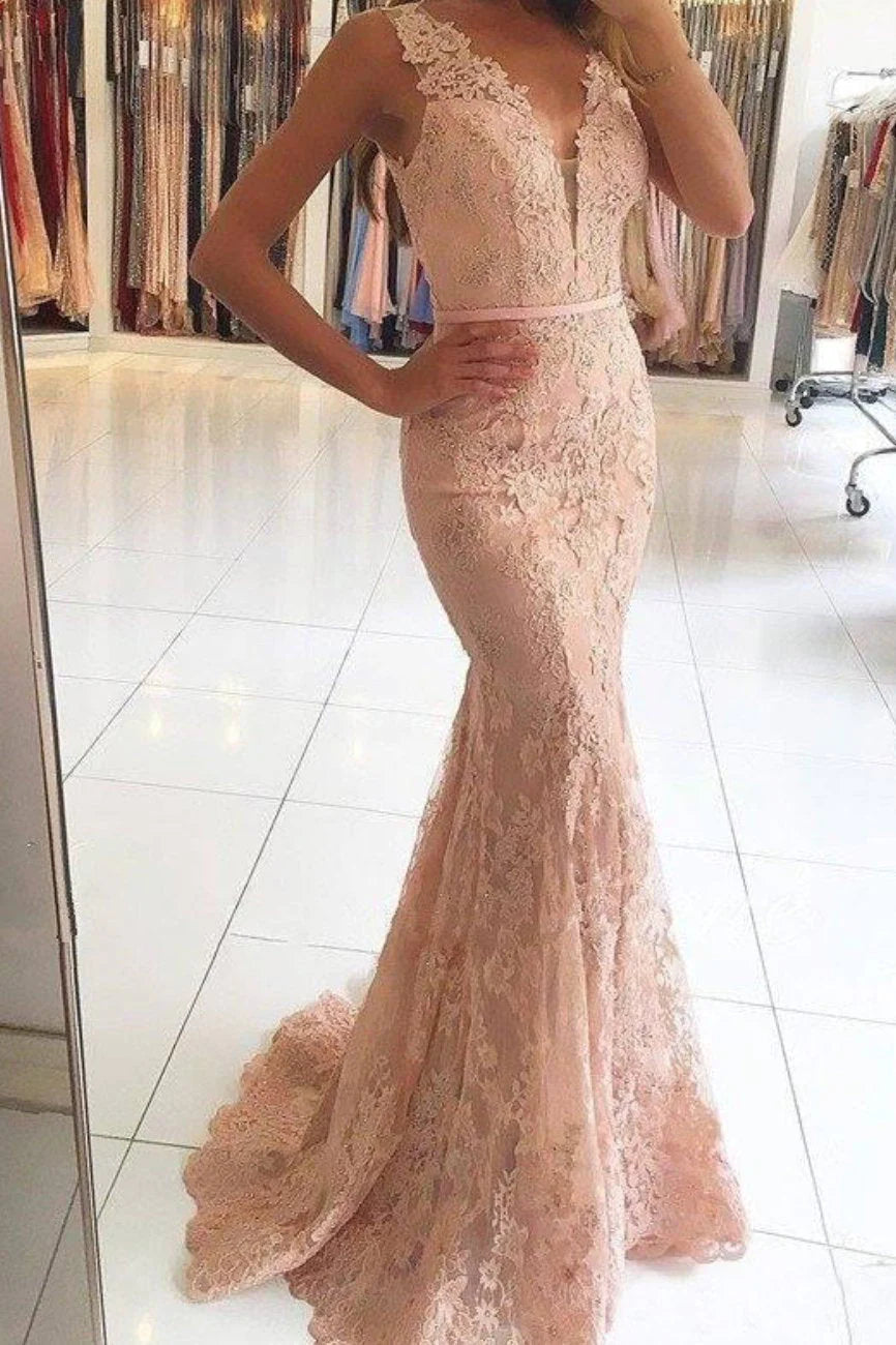 Chic Styles Sexy Mermaid Lace Appliques V Neck Beads Sleeveless Long Prom Dresses