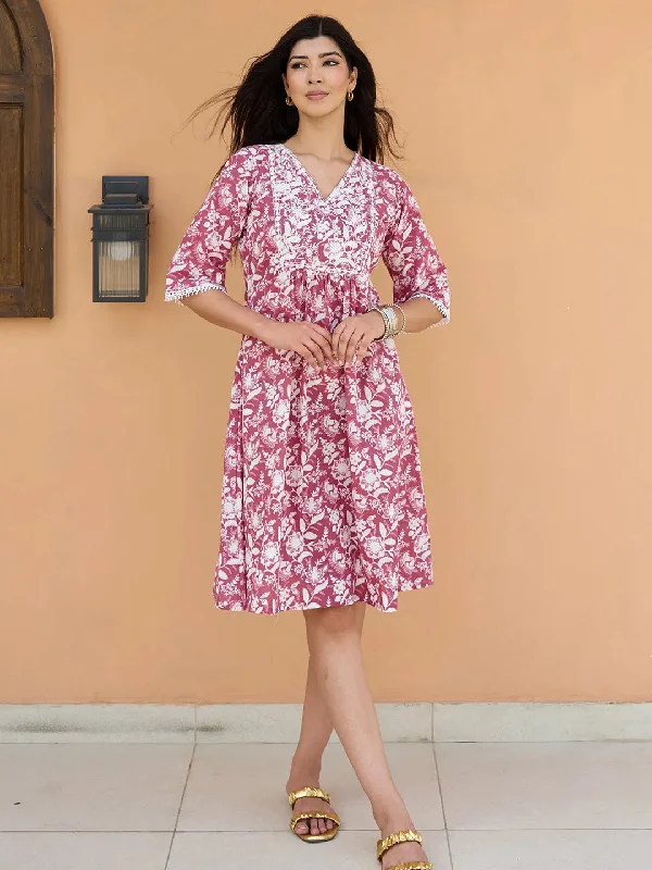 Big Savings On Minimalist Office Styles Coral Printed Cotton A-Line Midi Dress