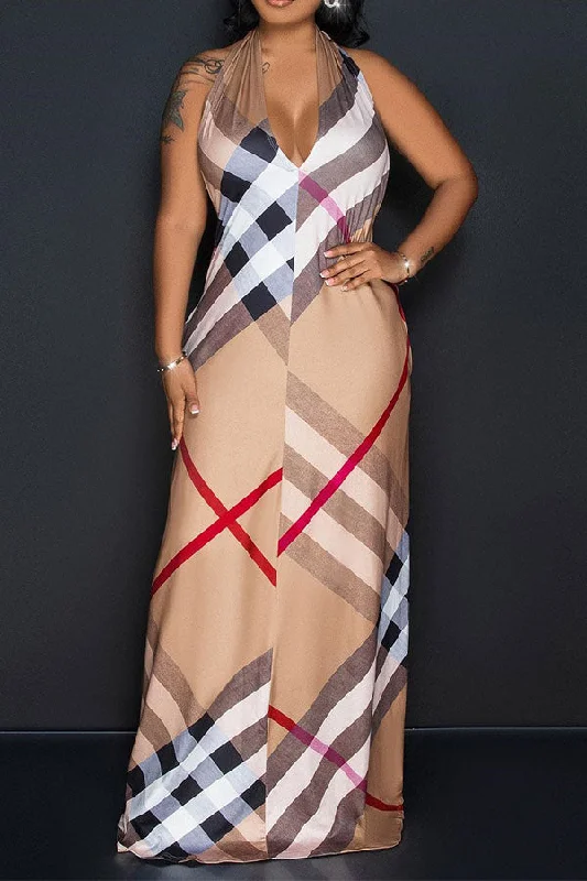 Urban Femme Streetwear Plaid Feminine Halter Collar Backless Maxi Dress