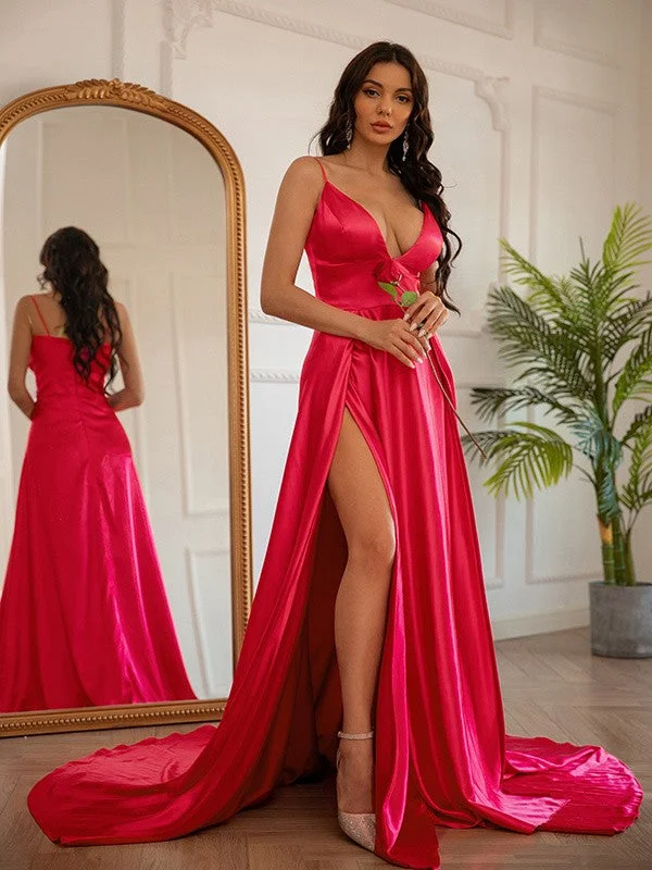 Romantic Detailing A-Line/Princess Silk like Satin Ruched V-neck Sleeveless Sweep/Brush Train Dresses