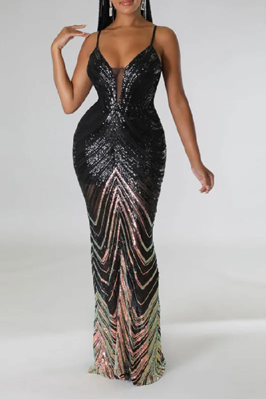 Classic Appeal Hit Color Sequined Striking Spaghetti Strap Maxi Dress