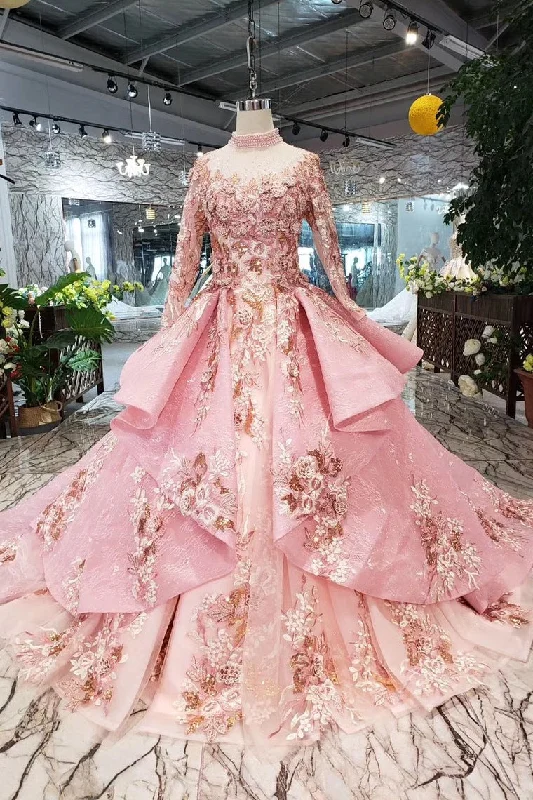 Evening Elegance Pink New Prom Dresses Long Sleeves Ball Gown With Applique&Beads Quinceanera Dresses N1641