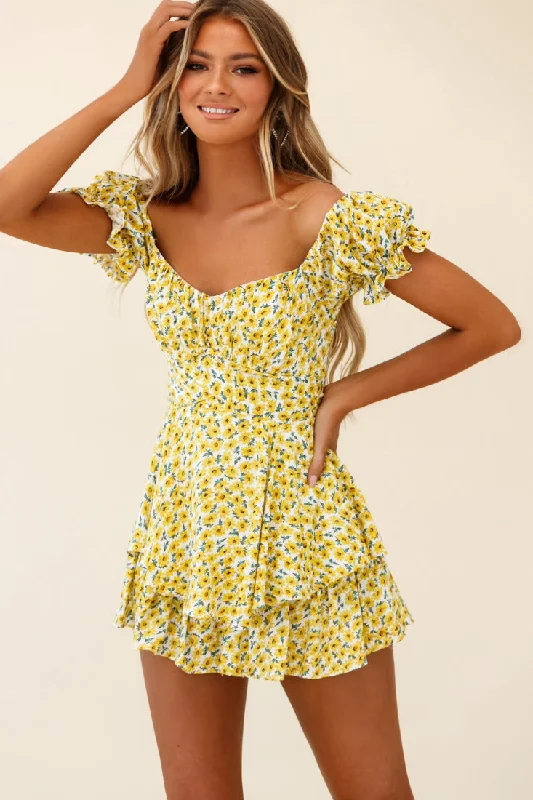 Luxury Comfort Linka Off-Shoulder Tie Back Romper Sunflower Print Yellow