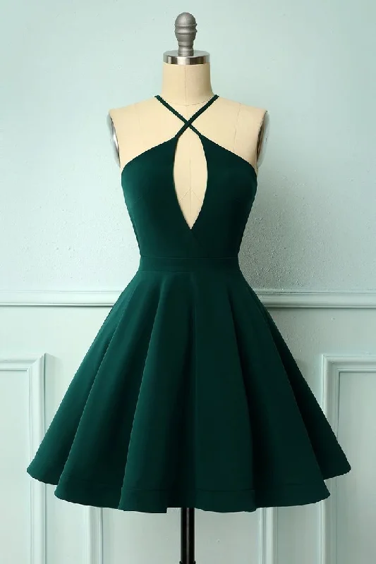 Limited Styles Green Halter Short Homecoming Dress, A Line Sleeveless Graduation Dress         S2995