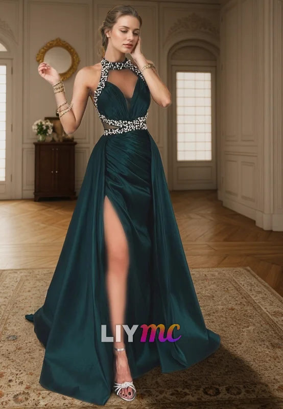 Feminine Allure LP2267 - Halter Beaded V-Neck Sleeveless Pleated Sheath High Slit Prom Dress