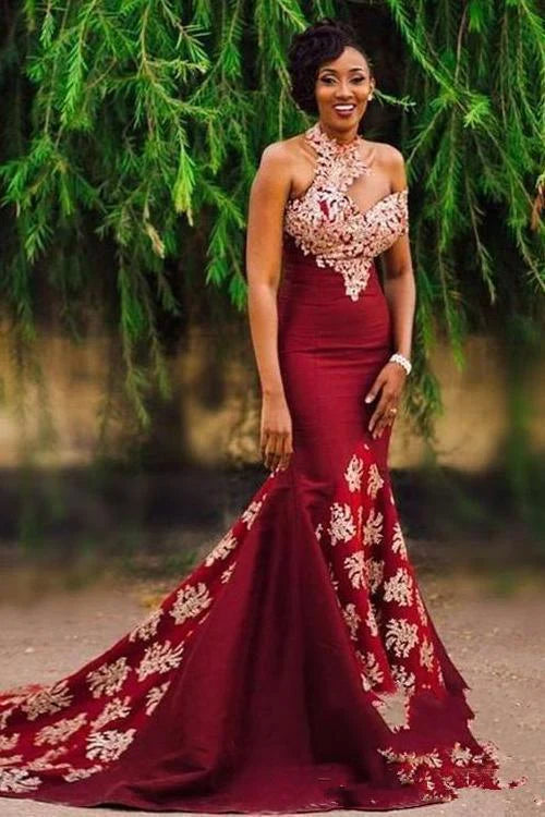 End Of Season Sale Charming Burgundy Halter Prom Dresses Mermaid Long Lace Appliqued Sleeveless Formal Dress